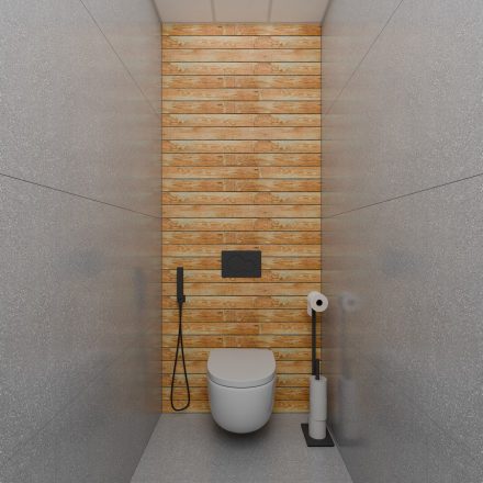 Minimalistisch toilet met wandcloset en houten accentmuur
