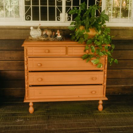 Oranje geverfde houten commode met plantjes